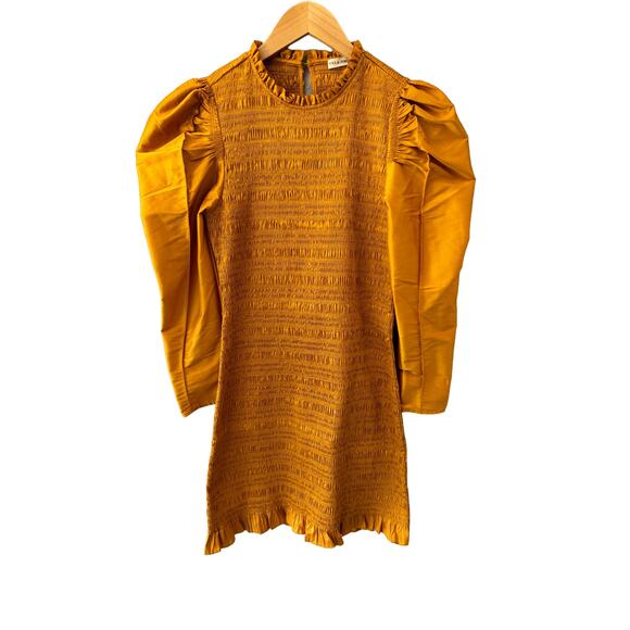 Ulla Johnson Aurele Dress Mustard Shirred Taffeta Mini Dress US 6 / Medium - Picture 3 of 9